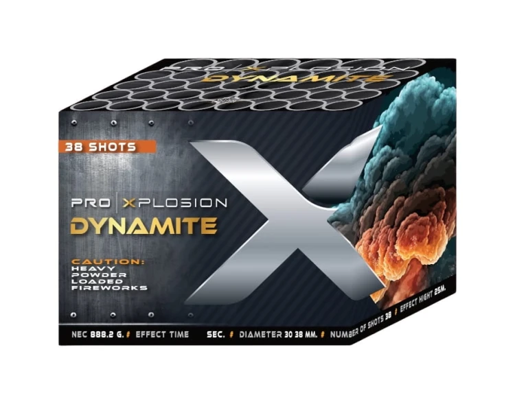 Wyrzutnia Dynamite importer Surex zawiera duże efekty w kolorze złotym.